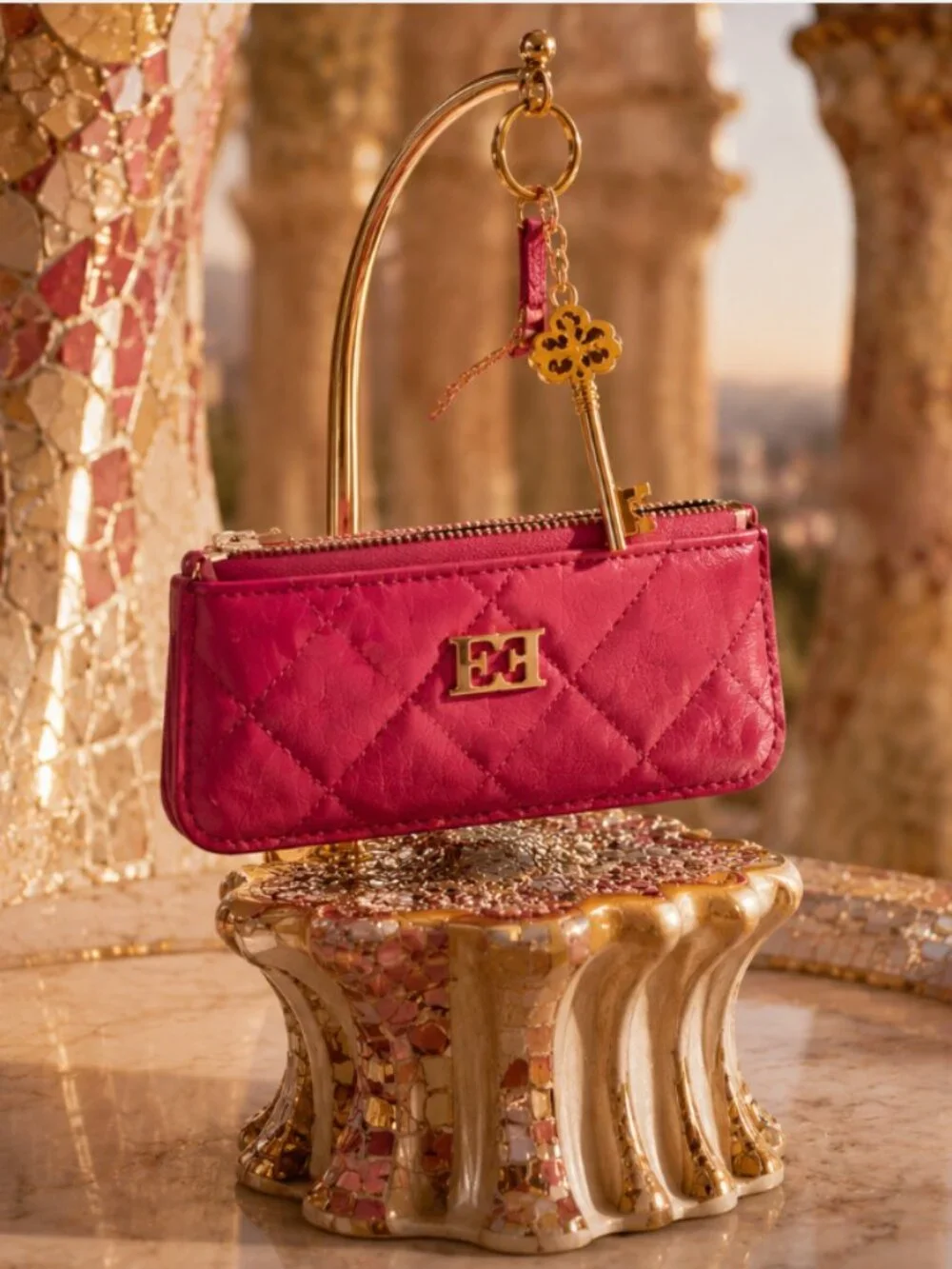 Escada Pink Quilted Leather Key Holder Coin Purse Card Case w/ Dust Bag Rare